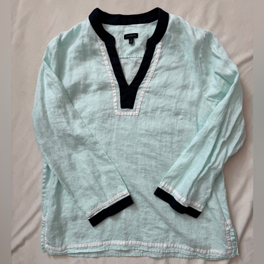 Talbots Aqua and Navy Tunic Blouse